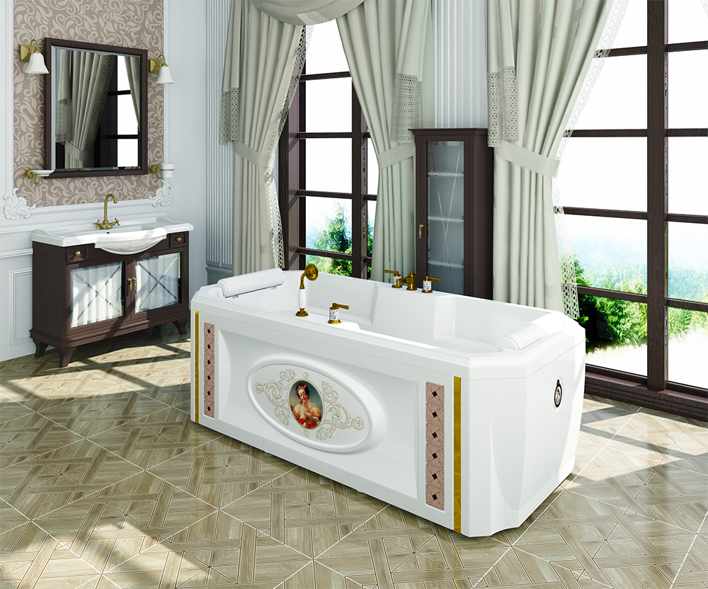 Акриловая ванна Радомир может быть украшена декоративными вставками, молдингами и оригинальными эмблемами